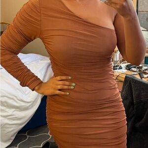 Elegant One-Shoulder Brown Dress